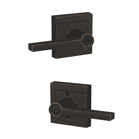 Latitude Lever Door Lock With Upland Trim Keyed Entry In Aged Bronze For Exterior Doors, square base with sleek handle