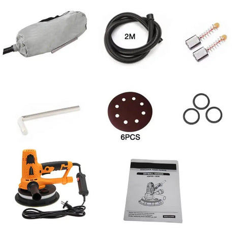Smooth Operator Wall Grinder And Polishing Machine With Dust Free Self Absorption For Putty And Drywall Adjustable Speed Up to 2500 Rpm includes accessories like hose, sanding pad, and manual.