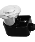 Close-up of Push Button Latch Lock For Cabinets And Drawers In RVs And Boats, Zinc Alloy Build, top view, black base