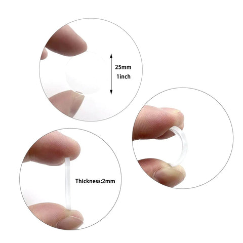 25 Pack Clear Round Glass Table Protectors, 1 Inch Non Adhesive Pvc Spacers showing 1 inch round and 2mm thick PVC spacer.