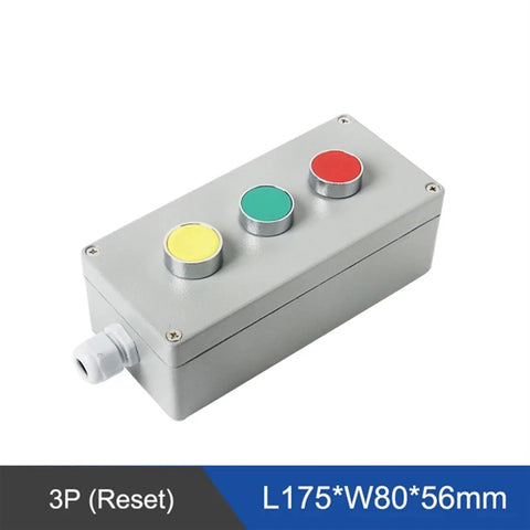 Metal push-button control box with three colored buttons yellow green red; explosion-proof, waterproof enclosure, 175x80x56 mm