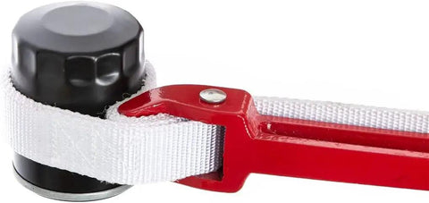 12 Inch Handle Strap Wrench With No Slip Adjustable Nylon Strap For Tight Spaces Oil Filter And Pipe Wrench in use on oil filter