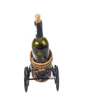 Handmade Asian Style Rickshaw Puller Wine Bottle Holder With Natural Rattan Accents, top view with wine bottle displayed.