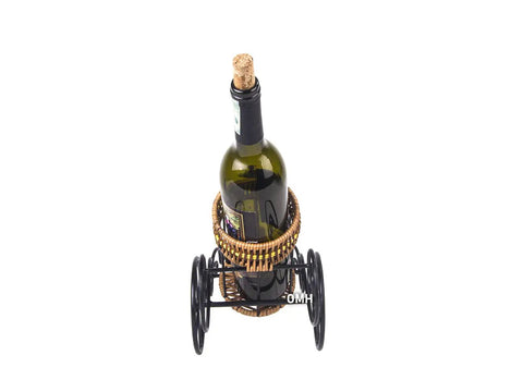 Handmade Asian Style Rickshaw Puller Wine Bottle Holder With Natural Rattan Accents, top view with wine bottle displayed.