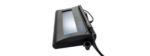 Rugged Compact Signature Pad With Sharp Lcd Screen And Plug And Play Usb Link Designed For Remote Citrix Ready Electronic Document Signing At Home angled view showing clear screen and USB connection.