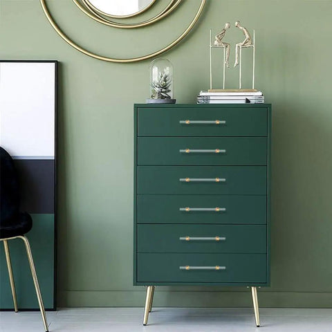 Green dresser with Acrylic Drawer Pulls Set in Gold Brushed Brass Finish for Cabinets and Dressers, T Bar Go To