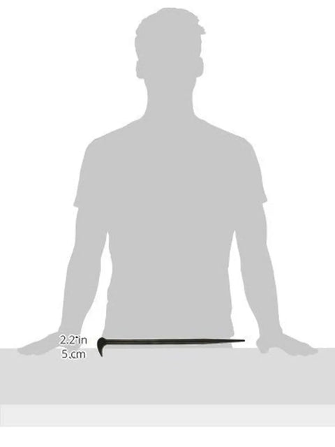Five Eighths Inch Rolling Head Pry Bar, Sixteen Inch Lady Slipper Design, shown on table with silhouette for scale