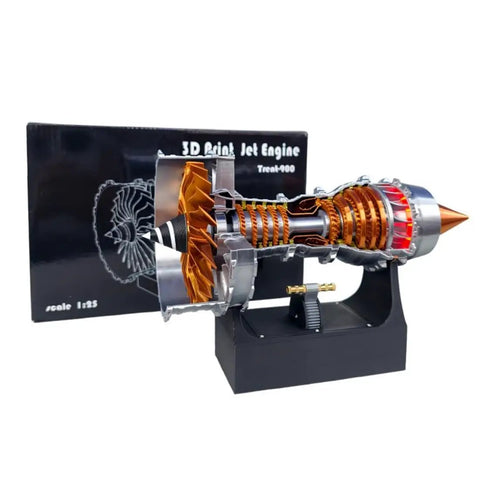 Turbofan Aircraft Engine Model Kit Trent 900 With Red LED Light Realistic See Through Shell and box on display stand.