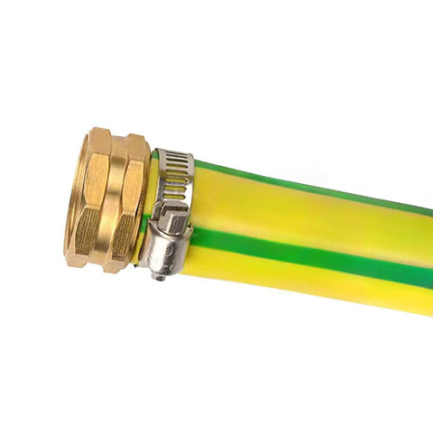 Close-up of Two Pack Brass Five Eighth Inch Garden Hose Connector Kit with Clamp and Leak Proof Hose Mender End