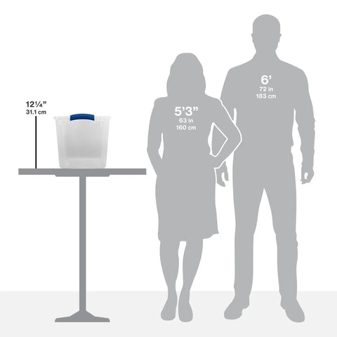 Heavy Duty Clear Storage Bins 2 Pack With Tight Blue Latches beside life-size silhouettes for scale, showing 12.25" height.
