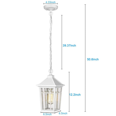 Outdoor Pendant Light Fixture With Seeded Glass, Weatherproof Aluminum Hanging Porch Light For Entryway Or Farmhouse Style, Rust Proof IP65 Waterproof, Shock Resistant And Thermally Stable, White Finish For Durable Exterior Lighting