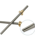 Stainless Steel T10 Lead Screw For CNC And 3D Printers 10mm Diameter 2mm Pitch, close-up view of screw and brass nut.