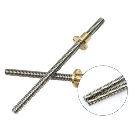 Stainless Steel T10 Lead Screw For CNC And 3D Printers 10mm Diameter 2mm Pitch, close-up view of screw and brass nut.