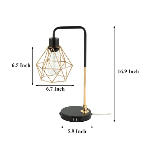 Set Of 2 Touch Control Black And Gold Desk Lamps With 2 USB Ports, Industrial Cage Style Bedside Reading Lamps dimensions