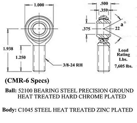 Heavy Duty 3/8 Four Link Suspension Rod End Kit Built Tough With Heat Treated Steel Bodies And Slick Smooth 52100 Bearing Balls for specs diagram.
