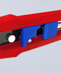 Close-up of CutiX Universal Snap Knife With Stabilization Bar, 6-1/2 Inch Red Blue Grip, showing blade mechanism