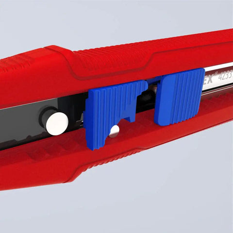 Close-up of CutiX Universal Snap Knife With Stabilization Bar, 6-1/2 Inch Red Blue Grip, showing blade mechanism