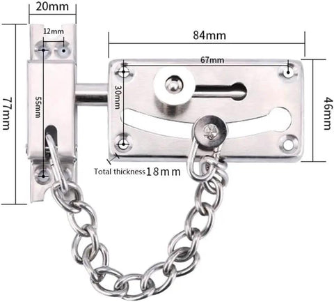Heavy Duty Stainless Steel Door Security Chain Tough As Nails Anti Theft Holdup Lock with detailed dimensions and chain setup.