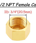 Brass 1/2 in NPT female pipe cap with hex outer, interior threads visible