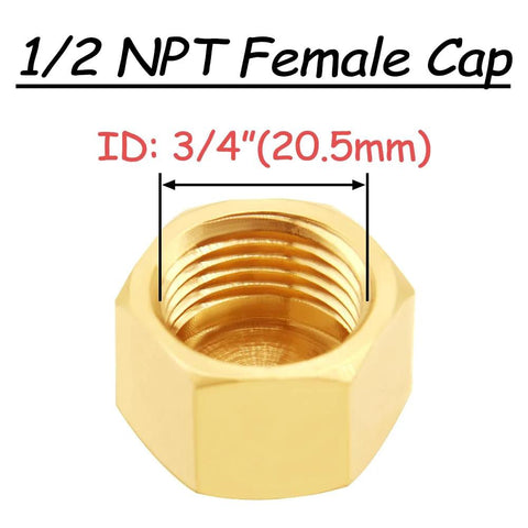 Brass 1/2 in NPT female pipe cap with hex outer, interior threads visible