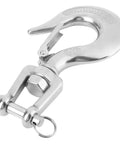 Built Like A Tank Heavy Duty Swivel Hook for Engine Hoist close-up, stainless steel, secure safety latch, 1000 kg lift capacity.