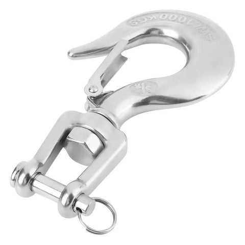 Built Like A Tank Heavy Duty Swivel Hook for Engine Hoist close-up, stainless steel, secure safety latch, 1000 kg lift capacity.
