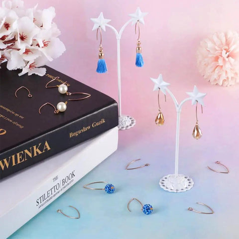 Rose Gold V Shape Stainless Steel Earring Hooks French Ear Wire 304 Stainless Steel Dangle Hooks With Loop 25.5x15x0.8mm Pin 0.8mm 10 Pcs For Women DIY Jewelry Making displayed on table with floral decorations