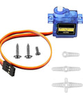 Blue translucent SG90 micro servo motor with 9g label; includes 3 mounting screws and gray servo horns.