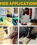 Four-panel collage of cordless drills driving wood lag screws into timber with gloved hands
