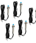 5 Pack M8 Inductive Proximity Sensor LJ8A3-2-Z BX Non Contact 2mm Sensing Distance With 1.2m Wire For Industrial Automation Systems And Robotics Great For Bulk Deployments In Workshops And On The Shop Floor., five brass M8 inductive proximity sensors with blue tops and 1.2m wires
