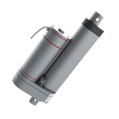 Heavy Duty DC Linear Actuator Featuring Built In Encoder For Crisp Feedback And Smooth Push Pull Power 50Mm To 300Mm Stroke Choices 48V Driven Electric Motor in silver with red accents.