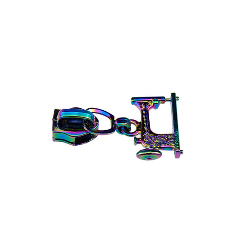 Dang Durable Rainbow Zipper Sliders 4 Pack Size 5 Metal Replacement Pull Tabs For Sewing Machines No Fuss Fix Electroplated Finish Smooth Glide Crafting Accessory, close-up view of rainbow zipper slider with sewing machine design.