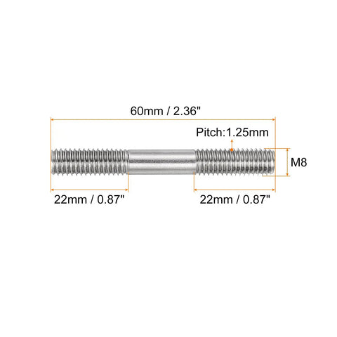 Top Shelf 304 Stainless Steel Double End Threaded Studs M8x60mm showing dimensions for heavy duty use.