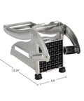 Front view of stainless steel French fry cutter with two blades and non-slip suction cups