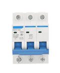 Front view of Three Pole 63 Amp Miniature Circuit Breaker for 220 to 380V AC 4500A Breaking Capacity Built Tough DIN Rail Mounted RCCB DZ47 63 Model ID Reliable Power Safety Switch.