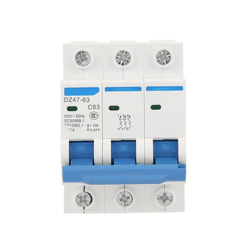 Front view of Three Pole 63 Amp Miniature Circuit Breaker for 220 to 380V AC 4500A Breaking Capacity Built Tough DIN Rail Mounted RCCB DZ47 63 Model ID Reliable Power Safety Switch.