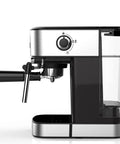 No Fuss Electric Coffee Machine With Built In Milk Frother Barista Grade Cappuccino Maker side view showing steel design and frothing wand.
