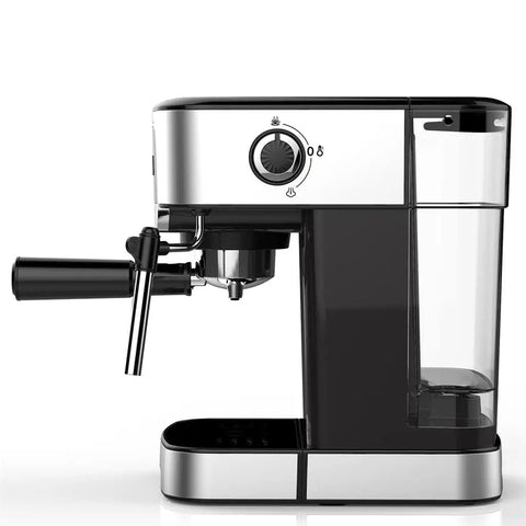 No Fuss Electric Coffee Machine With Built In Milk Frother Barista Grade Cappuccino Maker side view showing steel design and frothing wand.