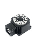 Right Angle Rotary Actuator With Killer Torque For Robot Arms Delivering Smooth 360 Degree Hollow Shaft Rotation Built Tough For Dead Serious Precision Motion Control, black metal design, compact size.