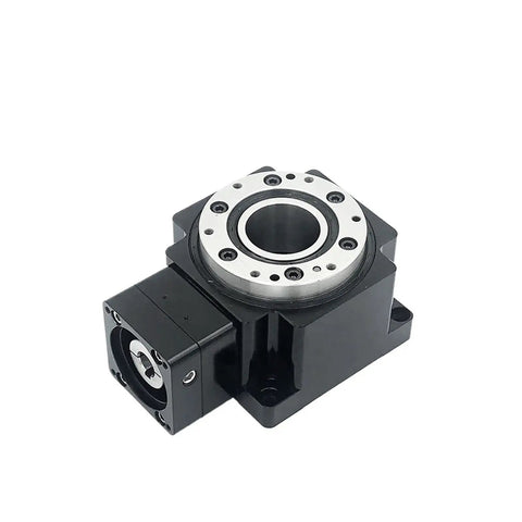 Right Angle Rotary Actuator With Killer Torque For Robot Arms Delivering Smooth 360 Degree Hollow Shaft Rotation Built Tough For Dead Serious Precision Motion Control, black metal design, compact size.