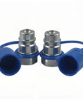 Pair of blue 1/2 in NPT hydraulic quick-connect male couplers with metal ends, front view.