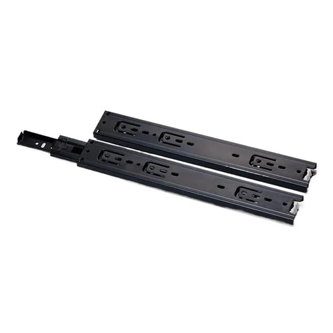 Pro Grade Three Way Cabinet Drawer Slides Featuring Concealed Bottom Mount Rails For Smooth As Butter Operation And Rock Solid Durability In Every Home Upgrade, 14 inch black steel tracks.