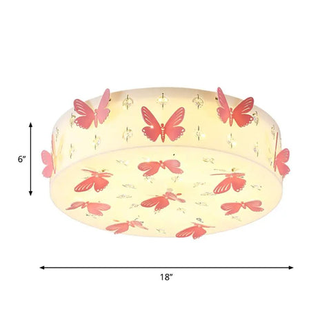 LED Kids Flush Mount Ceiling Light With Pink Butterfly Deco Crystal Drum Chandelier For Girls Bedroom, 18" wide, side view