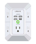 Wall Charger And Surge Protector Outlet Extender Featuring Five AC Outlets Plus Four Fast USB Ports Designed To Fit Standard Duplex Sockets Space Saving Power Strip, front view showing AC outlets and USB ports.