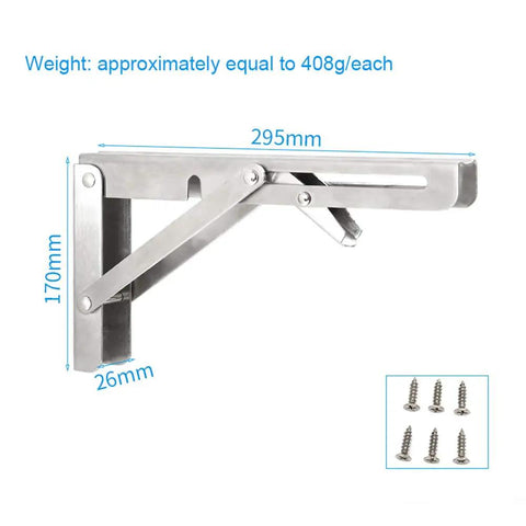 Solid As A Rock Foldable Shelf Brackets Two Pack Stainless Steel Wall Mount Supports Heavy Duty with detailed dimensions.