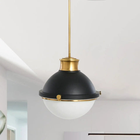 Dope Mid Century Inspired 2-Tone Ceiling Light With Frosted Glass Diffuser, Matte Black Shade And Natural Brass Accents
