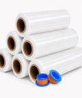 Heavy Hitter Stretch Wrap 6 Pack Rolls 18 Inches Wide 1500 Feet Long 80 Gauge Thick Clear Industrial Shrink Film stacked with cores.