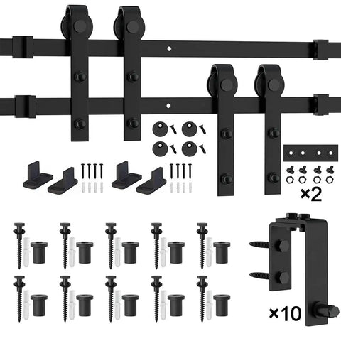 Heavy Duty Metal Sliding Barn Door Hardware Kit For Bypass Systems, 4Ft To 16Ft Rail, Wall Mount Bracket For Double Wooden Doors, Frosted Black Carbon Steel, Fireproof, Waterproof, Rustproof, Easy Install