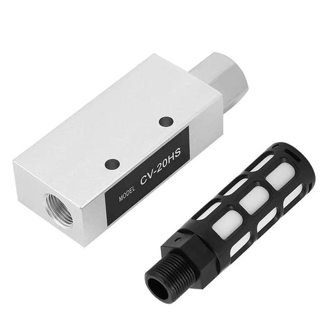 CV-20HS vacuum generator pneumatic exhaust ejector with silencer; silver rectangular body and black threaded nozzle