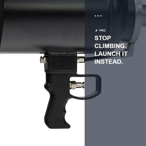 Heavy Duty Pneumatic Strap Launcher For Flatbed Trucks, Air Powered winch tool handle and connection detail, black finish.